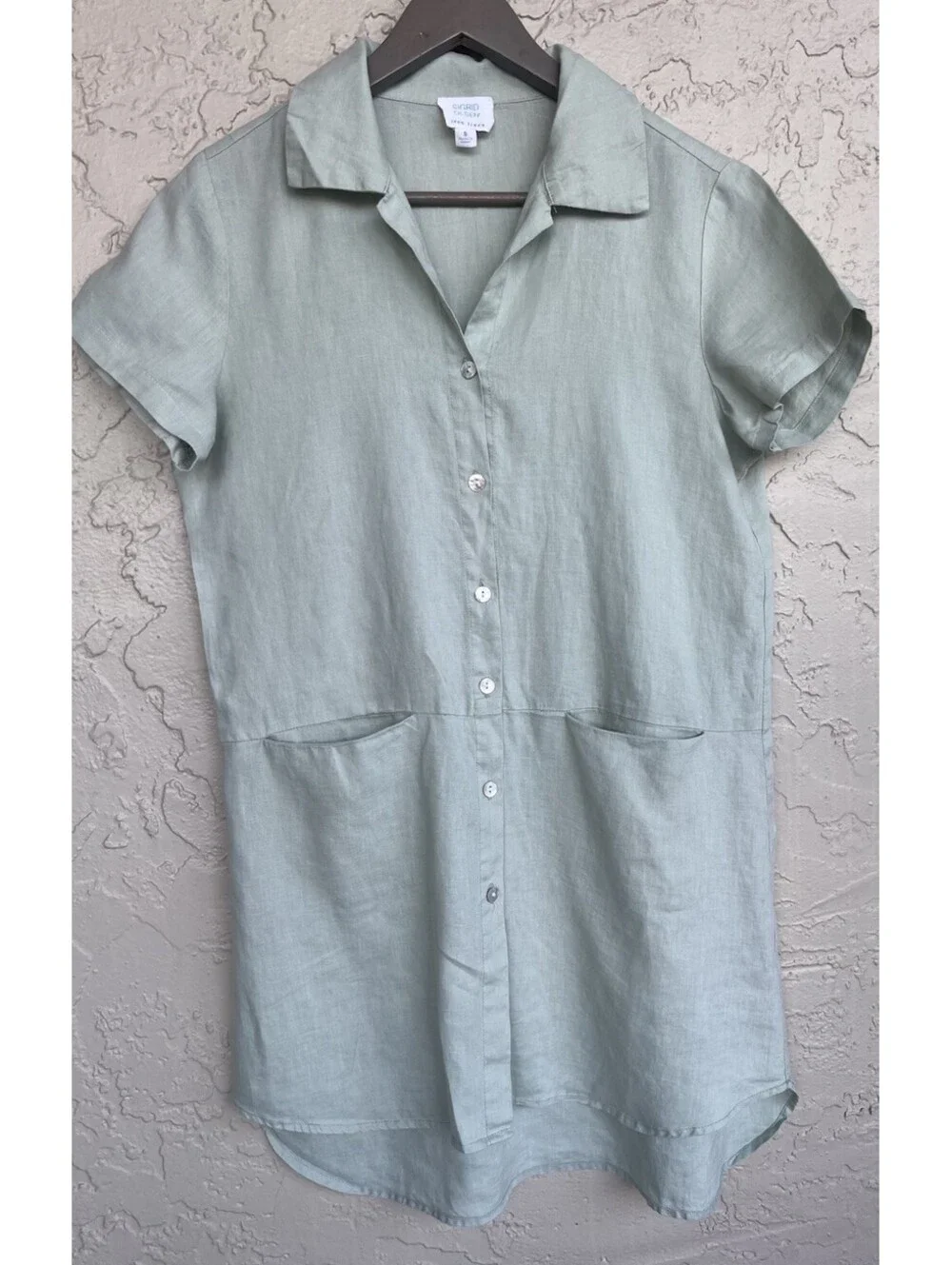 Sigrid Olsen Short Sleeves Linen Dress size Small Light Sage Green Front Pockets